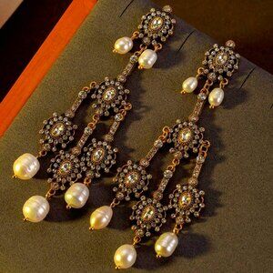 Vintage-Inspired Pearl & Crystal Chandelier Earrings